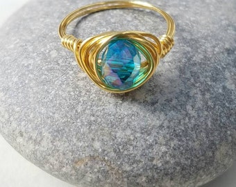 Crystal ring, blue crystal, gold wire wrap, boho ring, bohemian ring, Christmas gift, stocking stuffer, wedding accessories, bridsmaid gift.