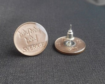 Stud Earrings, Sweden, Coins earrings, Vitage coins, coins jewelry, Sweden jewelry, Gifts for women, light earrings, crowns, Three crowns