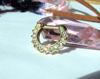 Gold Plated Gemmed Septum Clicker-Nose Ring