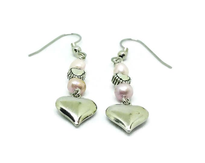 Freshwater Pearl Heart Earrings, Heart Charm Earrings, Pearl Dangle Earrings, Valentine's Day Gift, Mother's Day Gift, Unique Birthday Gift