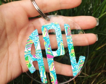 Lilly Pulitzer Inspired Monogram Key Chain, Monogrammed Keychain, Bridesmaid Gift Keychain, Paisley Monogram Key Chain, Preppy Keychain