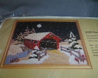Needlepoint Kit, Snow Covered Bridge by Creative Circle #2520 Fin. Size 12" x 16" Opened but Intact
