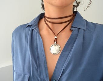 Leather Wrap Necklace, Leather Coin Necklace, Wrap Choker Necklace, Tie Up Bolo Necklace, Bohemian Leather Jewelry, Suede Coin Jewelry