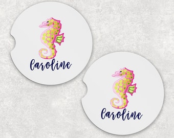 Monogrammed Car Coasters - Seahorse - Cup Holder Coasters Personalized Sandstone Coasters Car Accessories For Women Gifts For Her