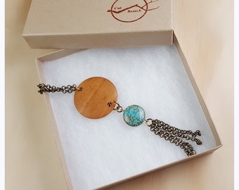 Wood Medallion, Long Necklace, boho necklace, reclaimed wood jewelry, long necklace, gypsy jewelry, hippie chic, upcycled necklace -WN005