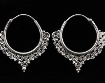 Sterling silver earrings.Silver 925 ethnic creole.Tribal hoops.Boho earrings.Festival earrings.Sterling silver tribal design hoops.Ethnic.