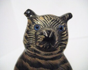 Carved Wood Cat Figurine / Striped Cat / Vintage