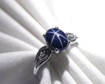 Wedding ring star 3.55 ct natural blue star sapphire ring silver sterling.