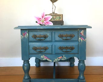 Vintage painted console table. lamp table. Coffee table. Decoupaged furniture. Side table. Blue table. Vintage furniture. storage.