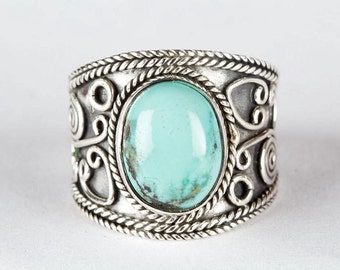 Turquoise Ring, Natural Turquoise Gemstone Pure 925 Sterling Silver Ring, Boho Ring, Wide Ring, Gypsy Ring, Bohemian Ring