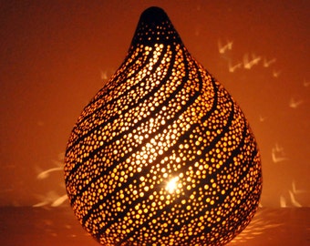 Gourd Lamp, Gourd Art, "Galaxy of Light", Hand Crafted Lamp, Gourd Lantern, Spiral Pattern, Night Light, Real Gourd