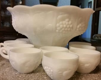 Vintage milk glass punch bowl with base and 9 matching cups