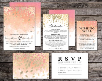 PRINTED Peach and Gold Ombre Watercolour | Watercolor Wedding Suite, Wedding Invite, Pink, Peach, Orange, Botanic, Leaf, Leaves (Falling)