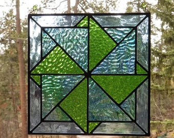 Blue and Green Pinwheel Quilt Block Stained Glass Suncatcher