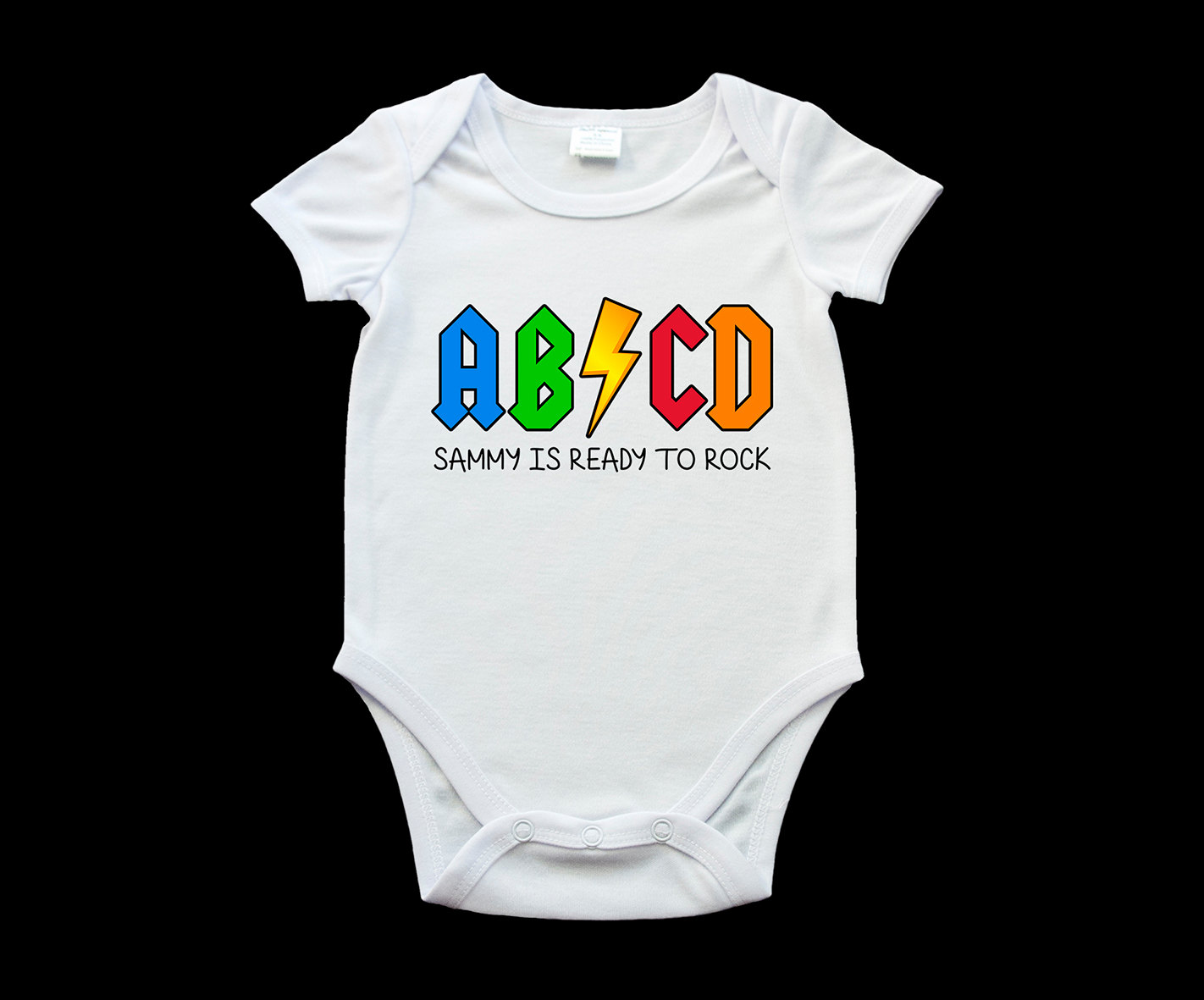 Personalised funny baby onesie ABCD ready to rock romper