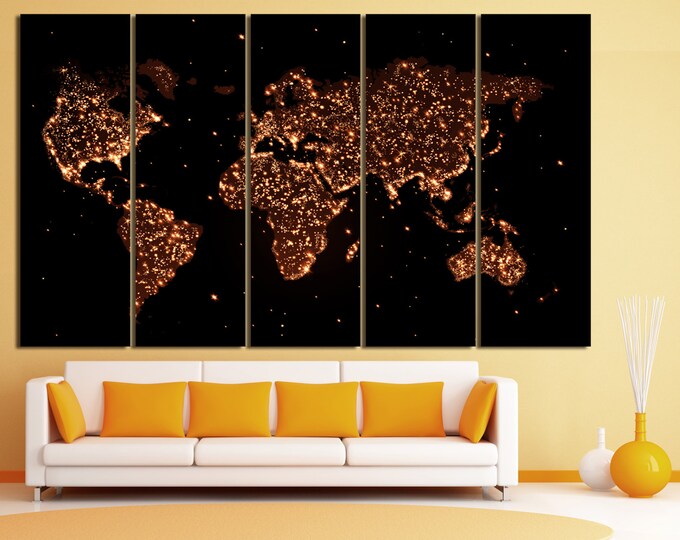 Large night world map print, night glow map, light map canvas print, large art print for home or office decoration world map canvas wall art