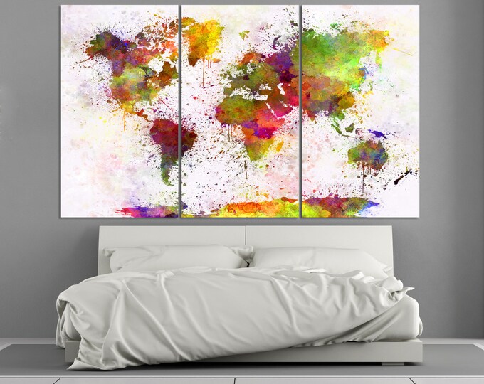 Large Colorful Watercolor World Map Canvas Print, Modern world map / 1 - 5 Panels on Canvas Wall Art for Home & Office Decoration