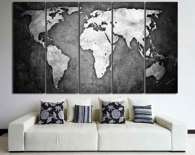 Black and white abstract world map 3 panel canvas or 5 panel canvas set Silver abstract world map modern wall art print on canvas room decor