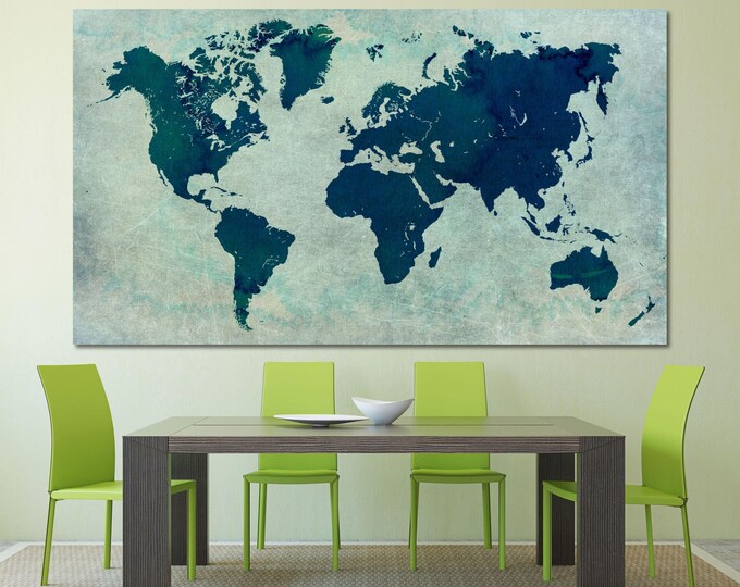 Dark vintage world map canvas art print set of 3 or 5 panels, large abstract blue map of the world modern wall art decor for home and office