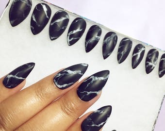 Black or White Stone Marble Press On Nails in Matte or Glossy finish