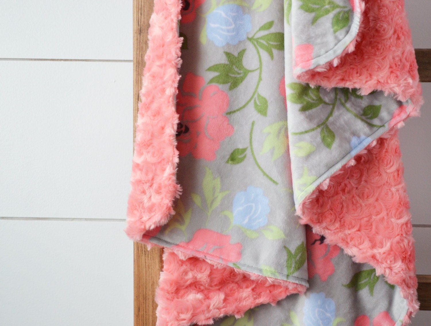 Floral and Gray Minky Blanket Double Minky Baby Blanket