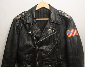 Vintage 1970's Worn Black Leather Motorcycle Jacket / Biker Jacket / Concho Detail / Patch Detail