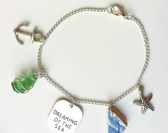 Sea Glass Bracelet Sea Pottery Bracelet Summer Beach Bracelet Green Sea Glass