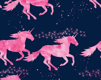 Unicorn Fabric by the Yard in Pink and Navy. Quilting Cotton Organic Knit Jersey Minky. Unicorns Stars Magical Fantasy Watercolor Nursery
