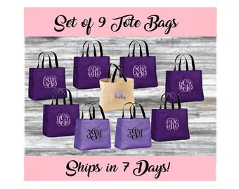 Set of 9 Bridesmaid Tote Bags-Bridesmaid Gift-Monogrammed Tote Bag-Personalized Tote Bag-Tote Bag