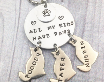 Pet necklace, pet pendant, cat necklace, hand stamped jewelry, custom pendant, custom metal jewelry, dog pendant, All my kids have paws
