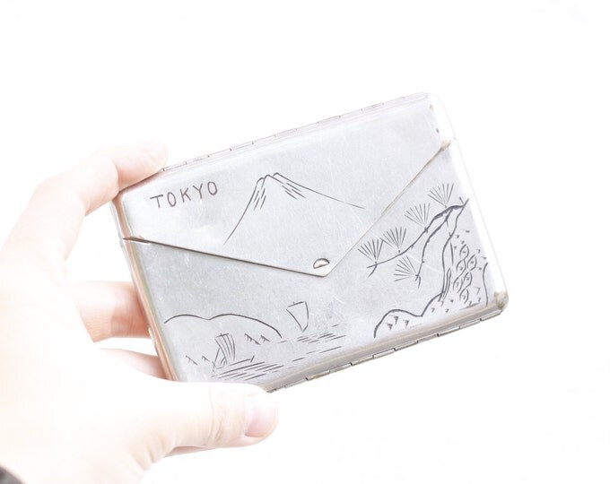 Tokyo card case, Japanese WW2 business card case, Mount Fuji engraved vintage metal cigarette case, opens like an enveloppe