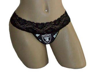 Oakland Raiders Sexy Black Lace G-String Thong Panty Lingerie - MADE with LICENSED Cotton Fabric - Order Lined or Unlined