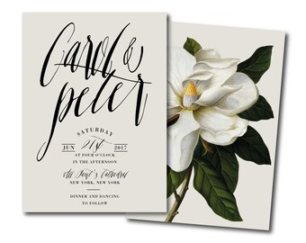 WHITE MAGNOLIA garden Wedding Invitation,southern floral Black & White Striped Printable DIY Invite,botanical classy Invitation,black invite