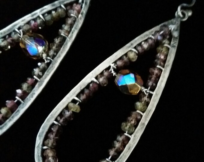 Pink, Yellow, and Brown Garnets Line these Sterling Hoops with a Topaz Color Crystal in the Center