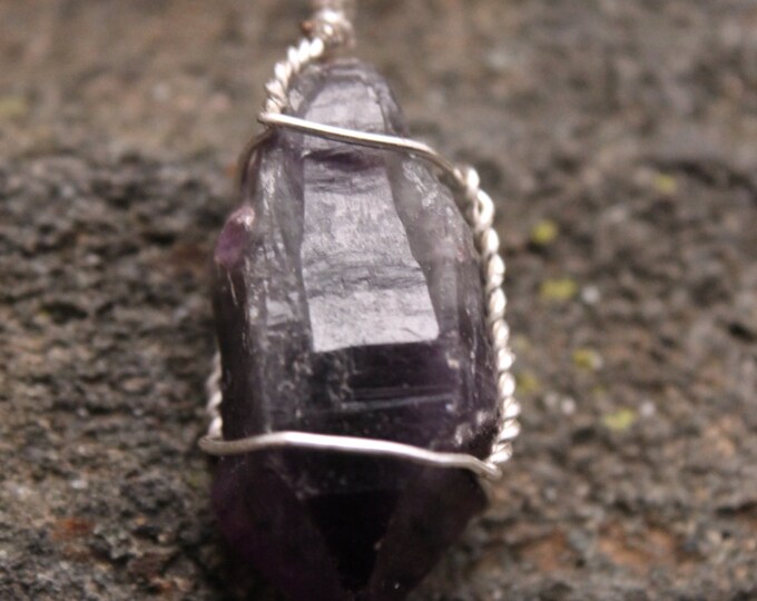 Dark Crystal Amethyst Tip with Silver Wire Wrap, Purple Stone, Crystal Point Pendant, Natural Rock Jewelry, Deep Purple Color