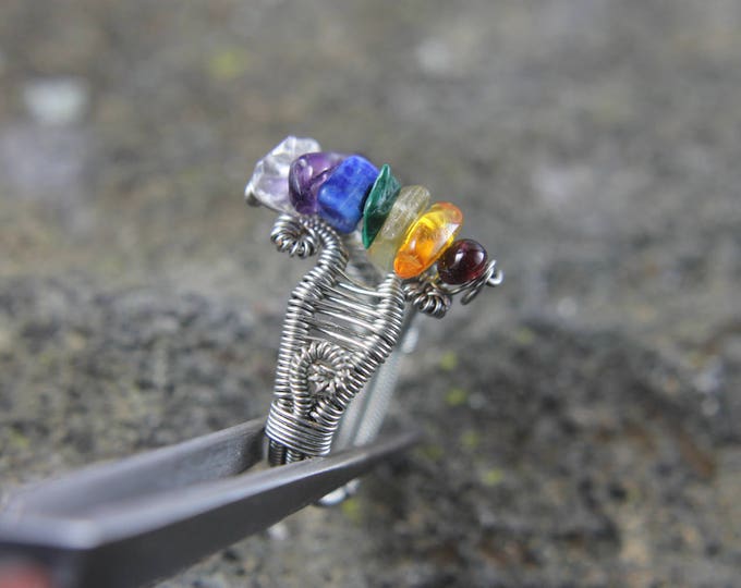 Wire Wrap Chakra Ring, Natural Rainbow Stone Beads - Quartz, Amethyst, Lapis Lazuli, Malachite, Citrine, Carnelian, and Garnet