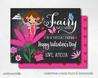 Garden Fairy Valentine's Day Cards, Pixie Fairy Valentines for Girls, Pink Chalkboard Valentine Cards, Classroom Valentines DI-VAL100