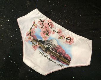 Upcycled Tshirt Undies, white, DC cherry blossoms, size large