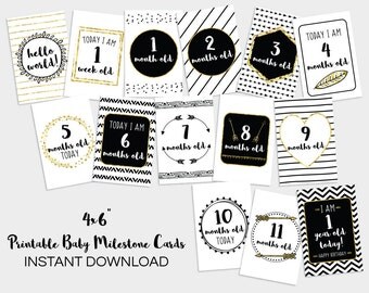Baby Milestone Cards, Printable Baby Milestone Cards, Black and Gold Baby Milestone Cards, Baby Shower Gift, INSTANT DOWNLOAD