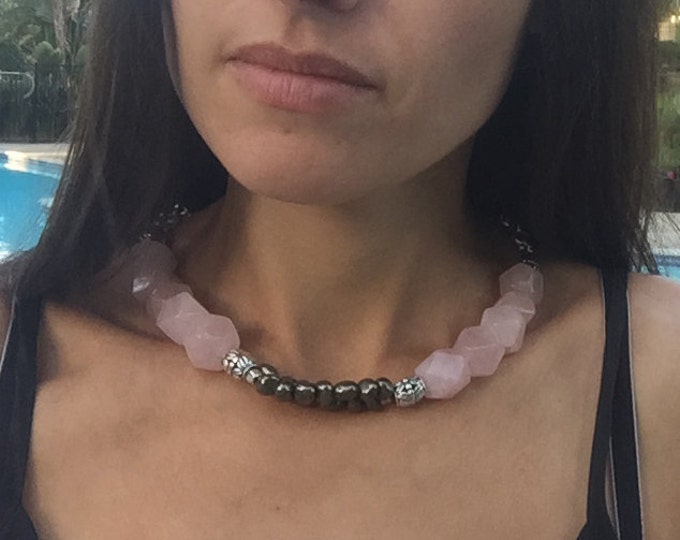 Rose quartz Necklace, Pyrite Choker, Sterling silver chain, Statement Necklace, Handmade Jewelry