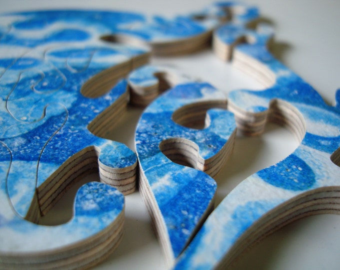 Dolphin puzzle; abstract blue, wooden hand-cut, brain train, Puzzle-Art & Play, by Samo Svete