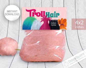 INSTANT DOWNLOAD, Trolls Cotton Candy Label, Treat Bag Toppers, Trolls Hair, Trolls Theme, Trolls Party, Trolls Favor labels, Birthday Party