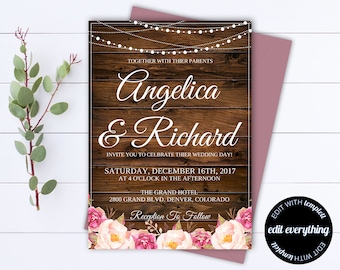 Rustic Wedding Invitation Template - Country Wedding Template - String Lights Printable Invitation - Rustic Invitation Wedding Template