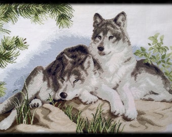 Embroidered picture Wolf picture Embroidered wolf landscape embroidery cross stitch wolf two wolves cross stitch modern living room picture