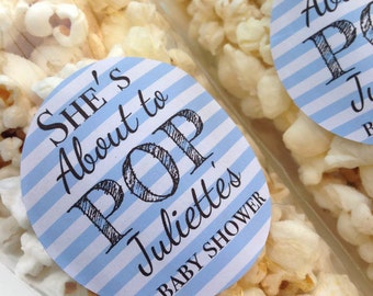 About to pop stickers, she's about to pop, baby shower stickers, baby shower favour, popcorn favour stickers, 032 - Blue