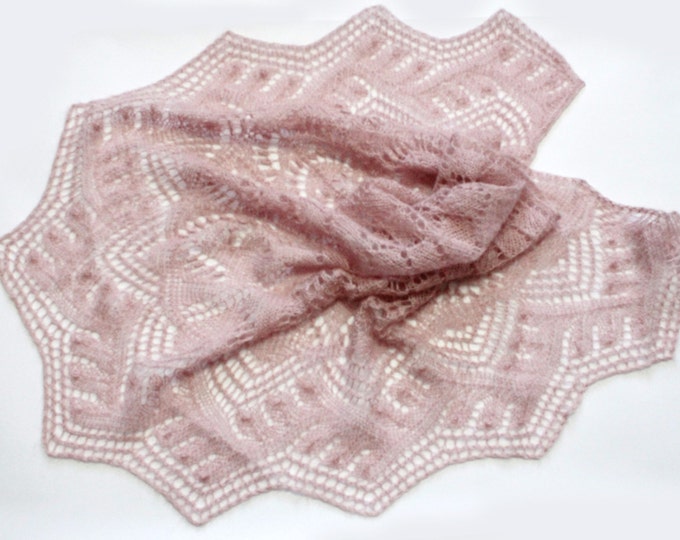 Knitted shawl, light pink shawl, knit shawl, knit scarf, triangular scarf, mohair shawl, openwork scarf, downy shawl, lace shawl