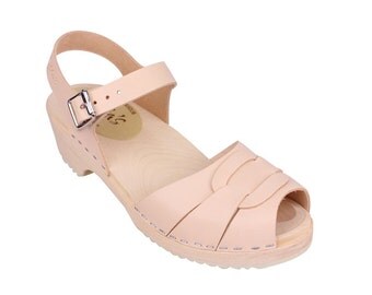 Swedish Clogs Low Heel Peep Toe Natural Leather by Lotta from Stockholm / Wooden Clogs / Wedding / Flat / Open / Sweden / Bridal / Handmade