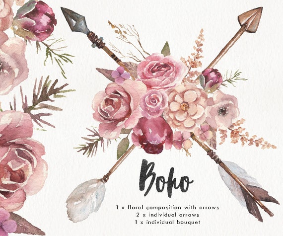 Download Watercolor Boho w/ arrows & flower bouquet. Wedding clipart