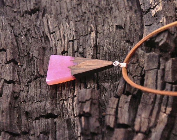 Geometric wood necklace Wenge wooden triangle 5th anniversary gift for wife Women exotic fashion jewelry pendant Pink epoxy resin necklace