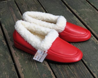 Slippers vintage Faux fur slippers Red Christmas faux leather slippers Synthetic New year gift for women 38 size 8 US 6 UK Santa Claus shoes